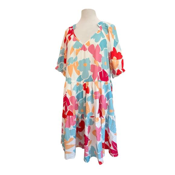 Abstract Floral Midi V Neck Flowy Tiered Dress Summer Spring Large - Picture 3 of 6